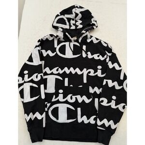Vintage Champion Reverse Weave All Over Logo Hoodie Men's XL Black & White CLEAN